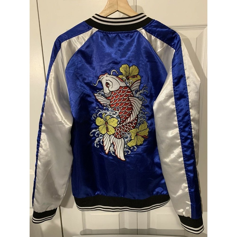 Kayden k Koi Fish Baseball Style Jacket Full Zip Blue White Sz XL